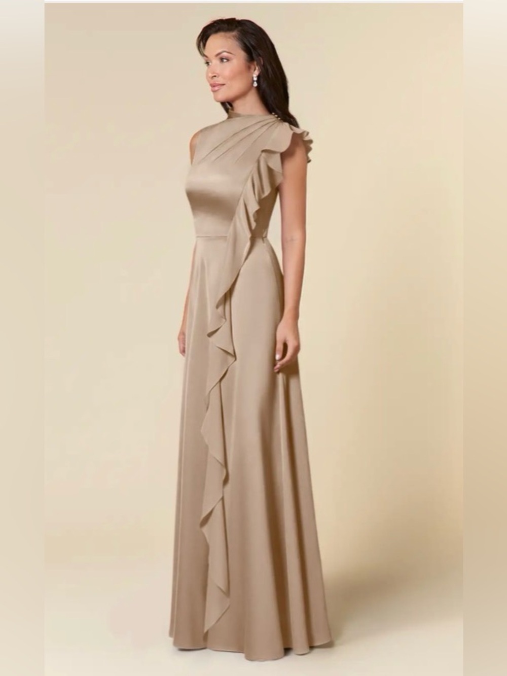 Azazie Narine Stretch Taupe A-Line High Neckline Pleated Stretch Satin Dress 8